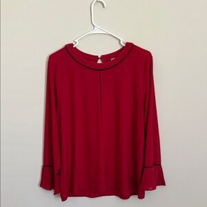 Anne Klein Deep Red Long-Sleeve Blouse with Black Piping